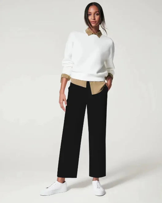 Tummy Control Twill Cropped Wide Leg Pants (One Piece)